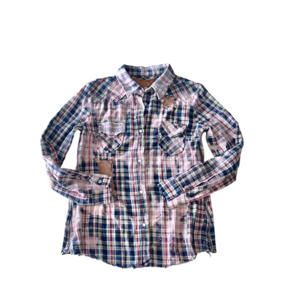 The Nu Vintage Distressed Patchwork Western‎ Plaid Flannel Cotton Button Shirt